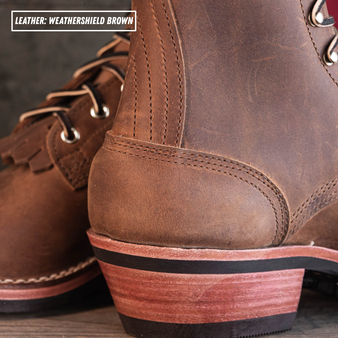 Detail shot of packer heel and backstay. A text overlay in the top left reads 'LEATHER: WEATHERSHIELD BROWN'.