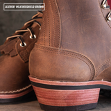 Detail shot of packer heel and backstay. A text overlay in the top left reads 'LEATHER: WEATHERSHIELD BROWN'.