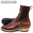 A pair of brown double-stuffed leather lace-up boots shown on a white background, with one boot standing upright and the other lying on its side to display the sole. A text label in the top-left corner reads 'LEATHER: DOUBLE STUFFED - BUCK BROWN'.
