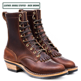 A pair of double-stuffed buck brown leather lace-up boots with kilties, stacked on a white background with a text label at the top left.