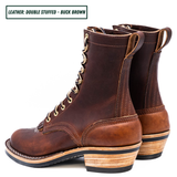 A brown double-stuffed leather lace-up boot with a stacked wood-look heel, shown in profile on a white background. A text label in the top-left corner reads 'LEATHER: DOUBLE STUFFED - BUCK BROWN'.