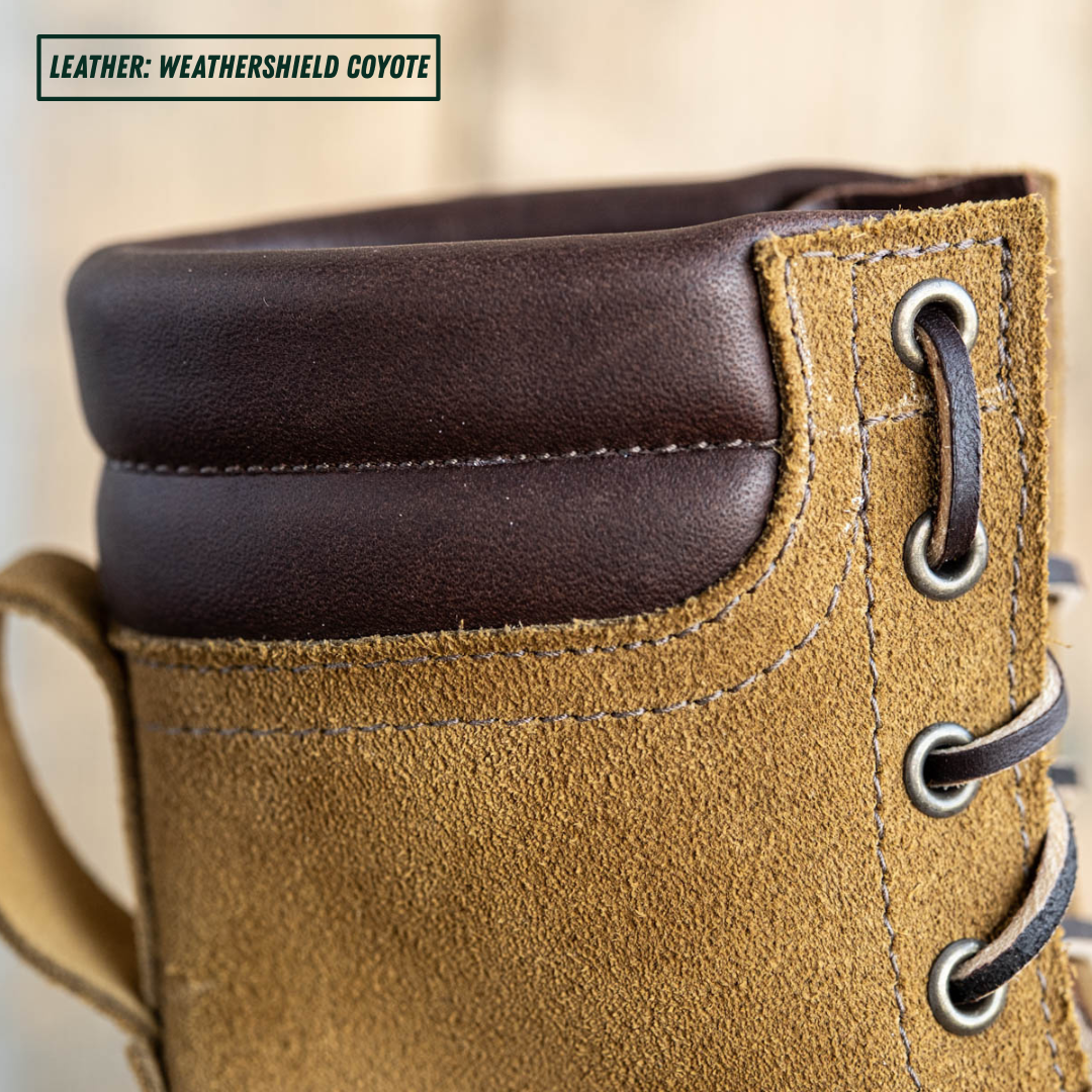 Close-up of a boot showing a tan suede-like body with a dark brown leather collar and lace area, plus metal eyelets. Text in the top left reads 'LEATHER: WEATHERSHIELD COYOTE'.