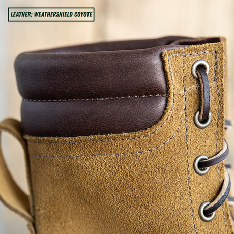 Close-up of a boot showing a tan suede-like body with a dark brown leather collar and lace area, plus metal eyelets. Text in the top left reads 'LEATHER: WEATHERSHIELD COYOTE'.