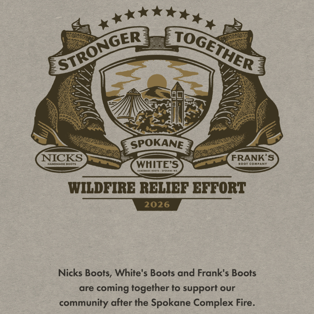 A graphic print on a textured tan fabric background featuring a central emblem with two boots, a shield showing a fire scene, and the words “Stronger Together,” “Snokeane,” and “Wildfire Relief Effort 2026.” Smaller text below reads, “Nicks Boots, White’s Boots and Frank’s Boots are coming together to support our community after the Spokane Complex Fire.