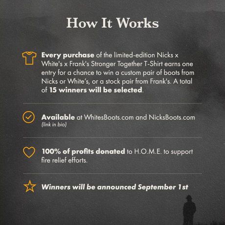 A promotional informational graphic on a dark textured background titled 'How It Works' with white text and small yellow icons explaining purchase, availability, profit donation, and winner announcement for a limited-edition Nicks x White's x Frank's Stronger Together T-Shirt.