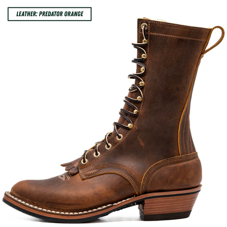 A brown leather lace-up boot shown in side profile on a white background, with a text label in the top-left corner that reads 'LEATHER: PREDATOR ORANGE'.