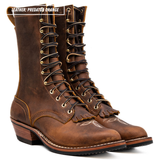 A pair of distressed brown leather lace-up boots with fringed detailing and gold-tone eyelets, shown on a white background with a text overlay in the top left reading 'LEATHER: PREDATOR ORANGE'.