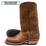 Palouse Western boot in the Ranchhand colorway. Predator orange uppers and shrunken bison brown lowers with white background. 