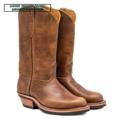 A pair of distressed leather cowboy boots in a rich brown shade, shown against a plain white background with a text overlay in the top left corner.