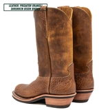 Cowboy style Palouse western boot sitting in front of white background. Top left text reads 'LEATHER: PREDATOR ORANGE/ SHRUNKEN BISON BROWN'.