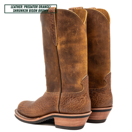 A pair of distressed leather cowboy boots in a brown shade labeled 'Predator Orange / Shrunken Bison Brown' on a white background.