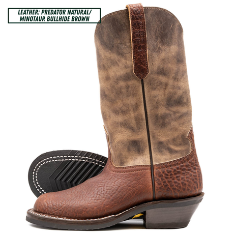 Palouse western boot sitting in front of white background. One boot standing with the other laying down showing the outsole. Top left reads 'LEATHER: PREDATOR NATURAL/ MINOTAUR BULLHIDE BROWN'.