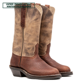 A pair of tall western boots in brown leather, featuring a distressed tan shaft and a darker brown textured toe and heel. A text overlay in the top left corner reads 'LEATHER: PREDATOR NATURAL / MINOTAUR BULLHIDE BROWN'.
