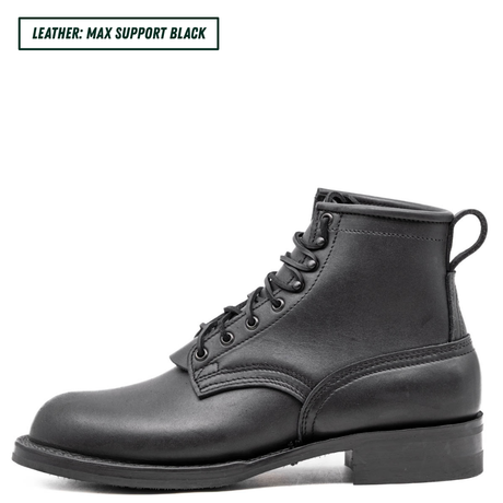 A black leather lace-up ankle boot shown in side profile on a white background, with a small text label in the top-left corner reading 'LEATHER: MAX SUPPORT BLACK'.