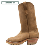 A tan suede western-style boot shown in side profile on a white background. A small label in the top left reads 'LEATHER: 1964 TAN'.
