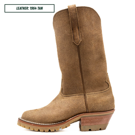 A tan suede western-style boot shown in side profile on a white background. A small label in the top left reads 'LEATHER: 1964 TAN'.