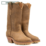 A pair of tan suede western-style boots shown in side profile on a white background. A small label in the top left reads 'LEATHER: 1964 TAN'.