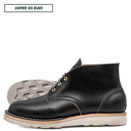A single black leather lace-up ankle boot shown in side profile on a white background, with a second boot placed behind it showing the outsole. A small label in the top left reads 'LEATHER: CXL BLACK'.