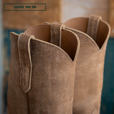 Detail shot of Palouse boot upper and side pull loops. Top left reads 'LEATHER: 1964 TAN'.