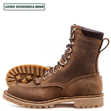 A pair of brown leather lace-up boots shown on a white background, with one boot standing upright and the other lying on its side to display the sole. A text label in the top left corner reads 'LEATHER: WEATHERSHIELD BROWN'.