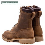 A pair of brown leather lace-up ankle boots with a rugged lug sole, shown from the side and back on a white background. A text label in the top left corner reads 'LEATHER: WEATHERSHIELD BROWN'.