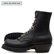 A pair of black leather lace-up boots with tan laces and a rugged dark sole, shown on a white background with a text label in the top left corner.