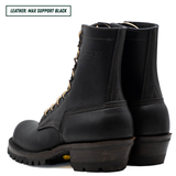 A pair of black leather lace-up ankle boots shown from the side and back on a white background, with a text label in the top-left corner reading 'LEATHER: MAX SUPPORT BLACK'.