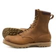 A pair of brown leather lace-up work boots shown on a white background, with one boot standing upright and the other lying on its side to display the treaded outsole.