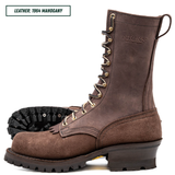 Brown leather boot with gold laces on a white background