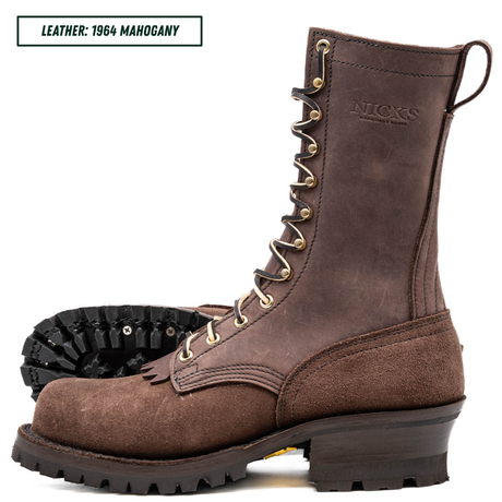 Brown leather boot with gold laces on a white background