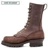 Brown leather boot with gold laces on a white background