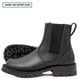 Blackout Chelsea boots, one sitting upright showing the side profile while the other lays down showing the outsole. Top left reads 'LEATHER: MAX SUPPORT BLACK'.