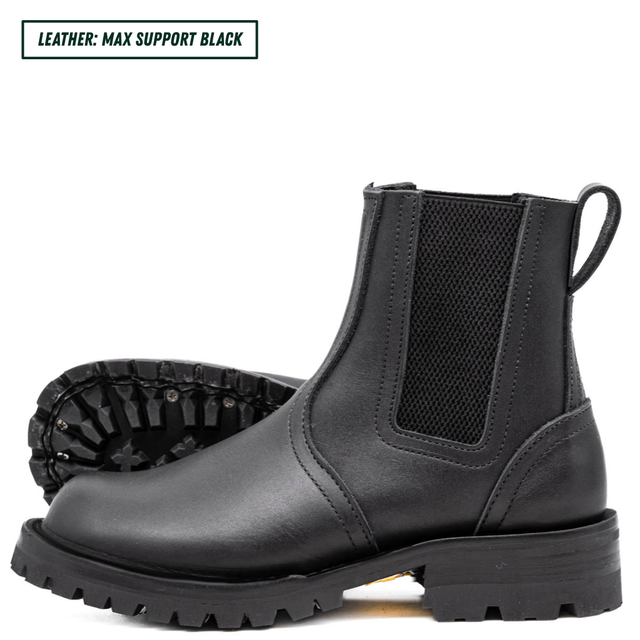 Blackout Chelsea boots, one sitting upright showing the side profile while the other lays down showing the outsole. Top left reads 'LEATHER: MAX SUPPORT BLACK'.