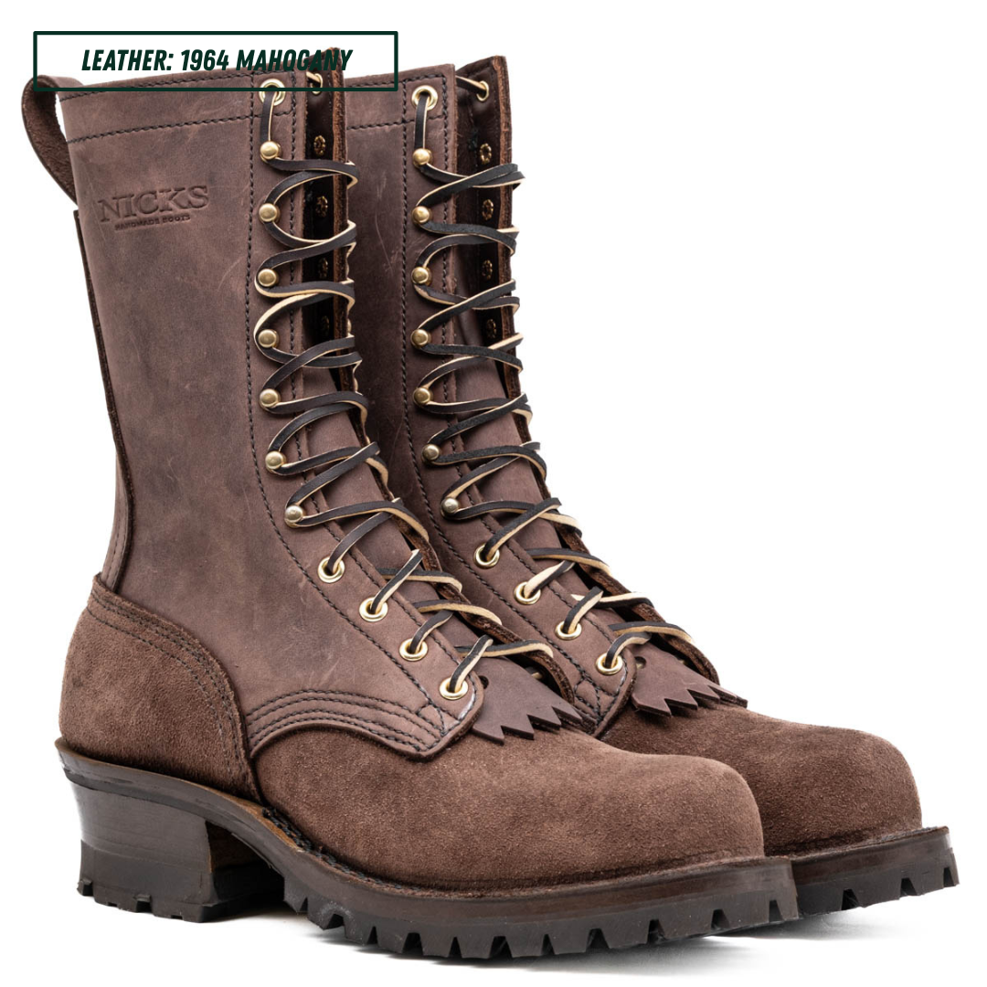A pair of dark brown leather lace-up boots with gold-toned metal eyelets and a rugged black sole, shown on a white background with a small text label in the top-left corner.