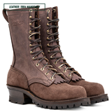 A pair of dark brown leather lace-up boots with gold-toned metal eyelets and a rugged black sole, shown on a white background with a small text label in the top-left corner.