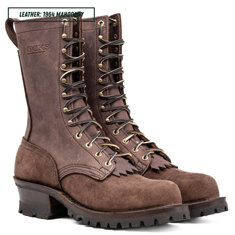 A pair of dark brown leather lace-up boots with gold-toned metal eyelets and a rugged black sole, shown on a white background with a small text label in the top-left corner.