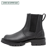 Blackout Chelsea boot, one sitting upright showing the side profile. Top left reads 'LEATHER: MAX SUPPORT BLACK'.