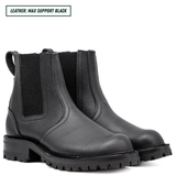 Blackout Chelsea boots sitting together showing the front of the boots. Top left reads 'LEATHER: MAX SUPPORT BLACK'.