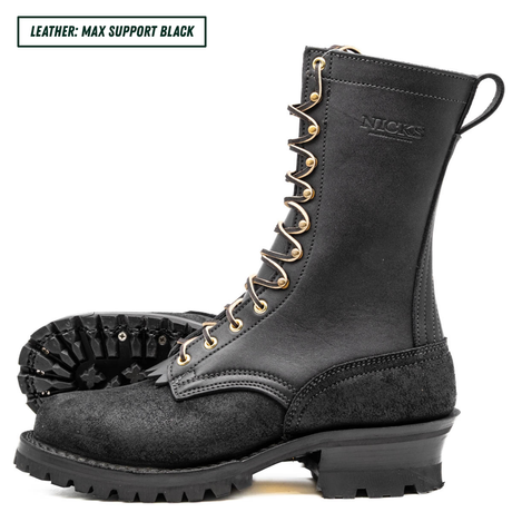 A black leather lace-up work boot shown from the side, with a second boot placed behind it to display the treaded sole. The boot has gold-tone eyelets and laces, and the brand name 'NICKS' is embossed on the side.