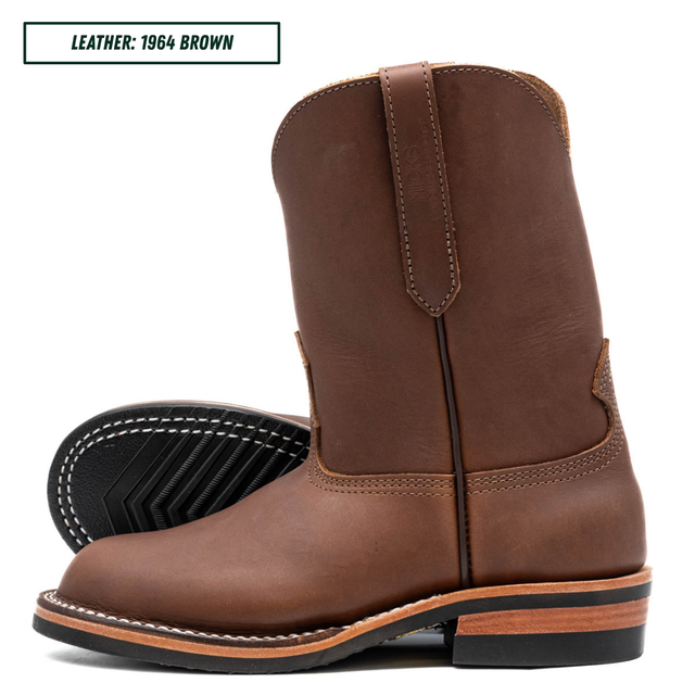 Roper western pull on boots sitting in front of white background. One boot standing up showing the side profile while the other lays down showing the outsole. Top left reads 'LEATHER: 1964 BROWN'.