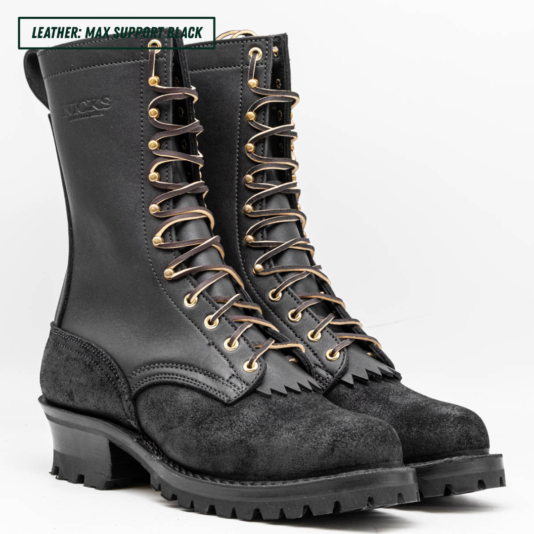A pair of black lace-up boots with a mix of smooth leather and suede panels, featuring gold-tone eyelets and laces, set against a plain white background with a text overlay in the top left corner.