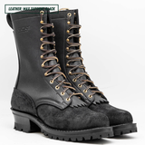 A pair of black lace-up boots with a mix of smooth leather and suede panels, featuring gold-tone eyelets and laces, set against a plain white background with a text overlay in the top left corner.