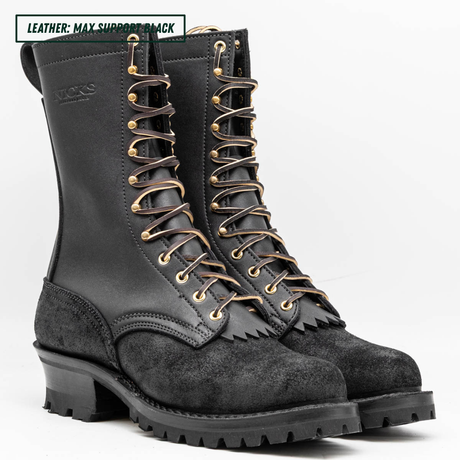 A pair of black lace-up boots with a mix of smooth leather and suede panels, featuring gold-tone eyelets and laces, set against a plain white background with a text overlay in the top left corner.