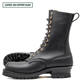 A black leather lace-up work boot shown from the side, with a second boot placed behind it to display the treaded sole. The brand name 'NICKS' is embossed on the side.