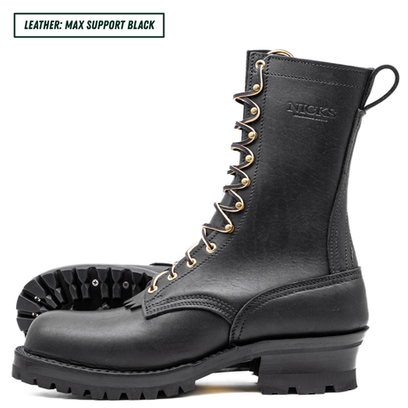 A black leather lace-up work boot shown from the side, with a second boot placed behind it to display the treaded sole. The brand name 'NICKS' is embossed on the side.