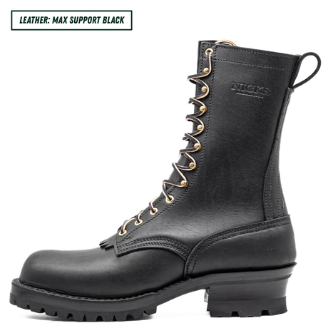 A black leather high-top work boot with gold-tone eyelets and laces, shown in a side profile on a white background. A text label in the top-left corner reads 'LEATHER: MAX SUPPORT BLACK'.