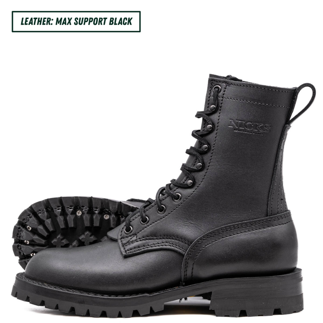A pair of black leather lace-up boots shown on a white background, with one boot standing upright and the other lying on its side to display the treaded sole. A text label in the top left corner reads 'LEATHER: MAX SUPPORT BLACK'.