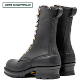 A pair of black leather lace-up boots shown from the side and back on a white background, with a text label in the top-left corner that reads 'LEATHER: MAX SUPPORT BLACK'. The boots feature a thick lug sole, a pull tab at the heel, and leather laces.