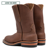 A pair of brown leather cowboy boots shown from the side and back on a white background, with a text label in the top-left corner reading 'LEATHER: 1964 BROWN'.