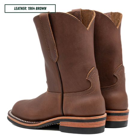A pair of brown leather cowboy boots shown from the side and back on a white background, with a text label in the top-left corner reading 'LEATHER: 1964 BROWN'.
